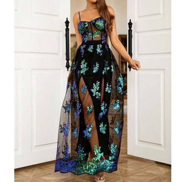 Floral Sequin Mesh Overlay Cami Party Dress - Picture 5 of 6